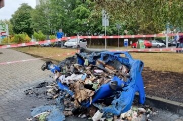 Zündler setzen erneut Mülltonnen in Brand - In Höhe Gablenz-Center brannte eine Papiertonne. Auch die Rasenfläche an der Tonne wurde in Mitleidenschaft gezogen. 