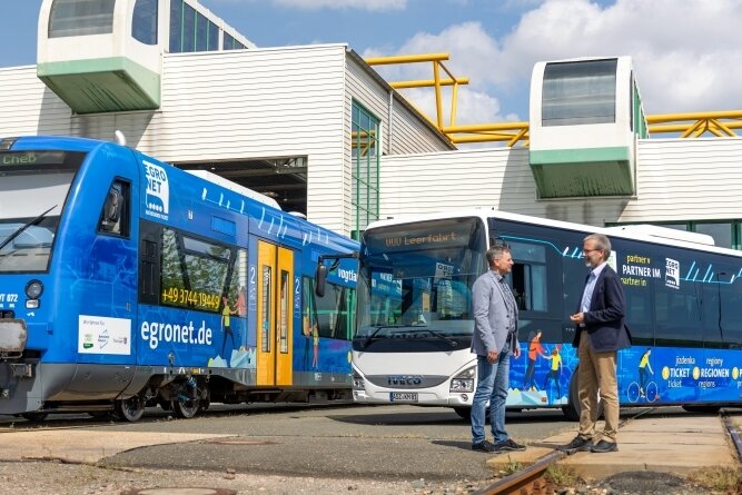 Zug und Bus werben jetzt für Egronet-Verbund - Egronet-Geschäftsführer Michael Barth (links) und Länderbahn-Geschäftsführer Wolfgang Pollety präsentierten die Fahrzeuge im neuen Layout auf dem Betriebshof der Vogtlandbahn. 