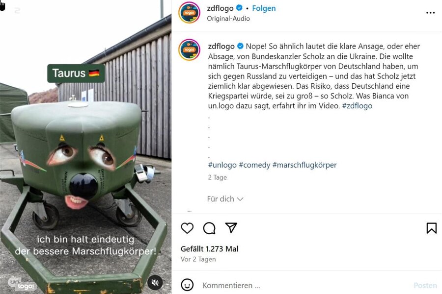 Zuschauer entsetzt: ZDF-Beitrag für Kinder veralbert deutsches Nein zu Taurus-Lieferungen an die Ukraine - Dieses unter anderem auf Instagram gepostete Video der Kindernachrichtensendung „logo!" sorgt für ordentlich Aufregung im Netz.