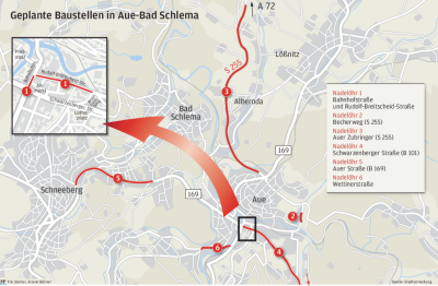 Zwei Bundesstraßen und der Autobahnzubringer: Was dieses Jahr in Aue gesperrt wird - Übersicht über geplante Baustellen in Aue-Bad Schlema