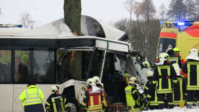 Zwei dramatische Unfälle im Erzgebirge - Dieser Bus rammte am Mittwoch einen Baum, der sich tief ins das Fahrzeug bohrte.