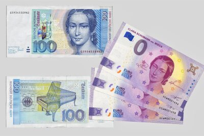 Zwickau bringt besondere Geldscheine in Umlauf - Bis Ende 2001 gab es die 100-DM-Banknote, jetzt gibt es den 0-Euro-Geldschein mit dem Bildnis von Clara Schumann. Foto: Kulturamt