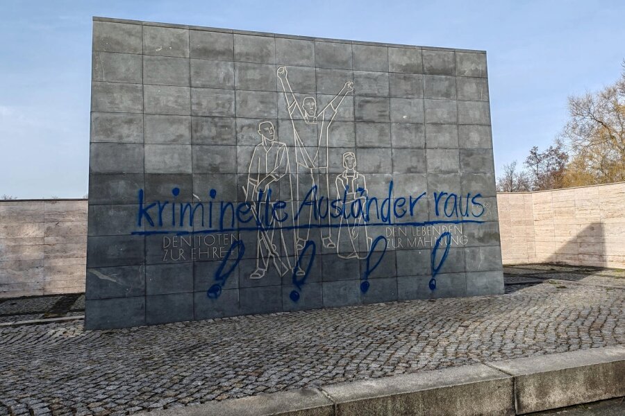 Zwickau: Graffiti mit politischem Inhalt rufen Staatsschutz auf den Plan - Mit blauer Farbe beschmiert wurde auch das Ehrenmal für die Opfer des Faschismus am Zwickauer Schwanenteich.