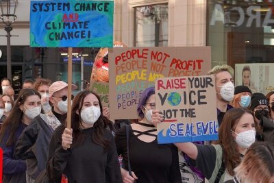 Zwickauer Aktivisten zwischen Krieg und Klimakrise - Etwa 80 junge Leute sind am Freitag durch die Zwickauer Innenstadt gezogen. Auf Plakaten forderten sie unter anderem einen Systemwandel statt eines Klimawandels. 