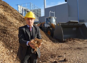 Zwickauer Heizkraftwerk wird auf Herz und Nieren getestet - Günter Spielvogel, technischer Geschäftsführer der ZEV, mit den Holzschnitzeln fürs Kraftwerk.