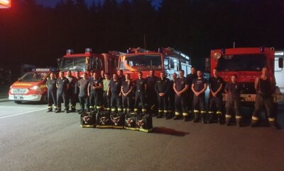 Zwickauer helfen im Brandgebiet - Die 22 Einsatzkräfte haben vor ihrer Abreise noch einmal für ein Foto posiert. Sie bleiben bis Donnerstag in der Waldbrandregion. 