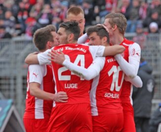 Zwickauer tanken Selbstvertrauen für Spitzenspiel - Die Zwickauer Spieler bejubeln den Treffer zum 1:0 gegen den VfB Auerbach durch Michael Schlicht.