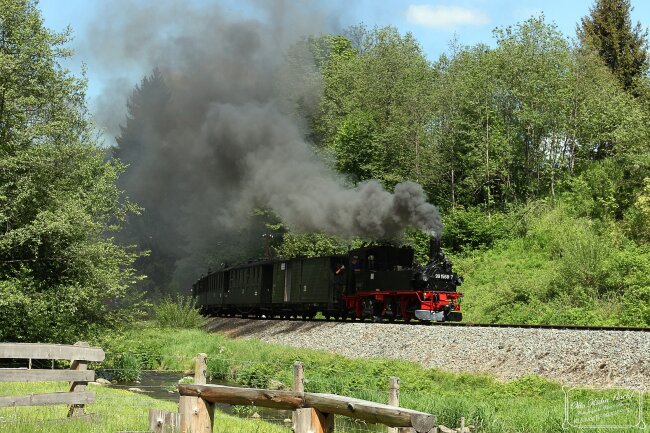 Ein Zug der Pre&szlig;nitztalbahn kurz vor dem Haltepunkt Wildbach