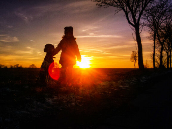 Silhouetten von Hund und Kind beim Sonnenuntergang :)